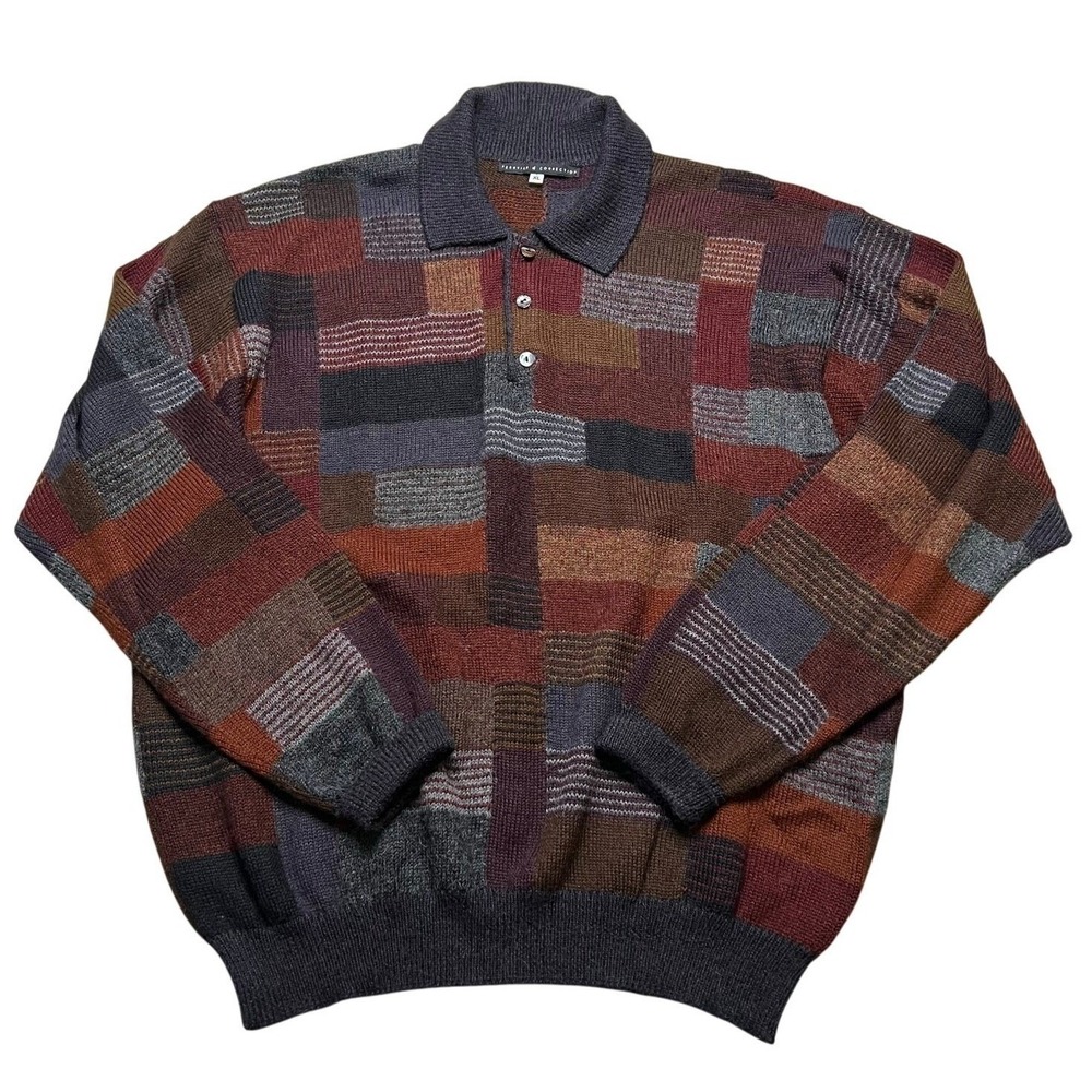 Peruvian Connection Polo Sweater Mens XL Multi Color Patchwork‎ Knit Long Sleeve